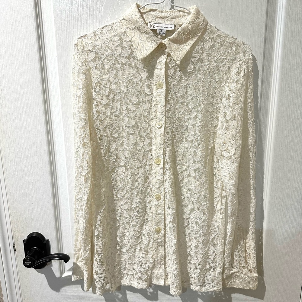 New York Jeans White Floral Lace Long Sleeve Button Down Top Sz M